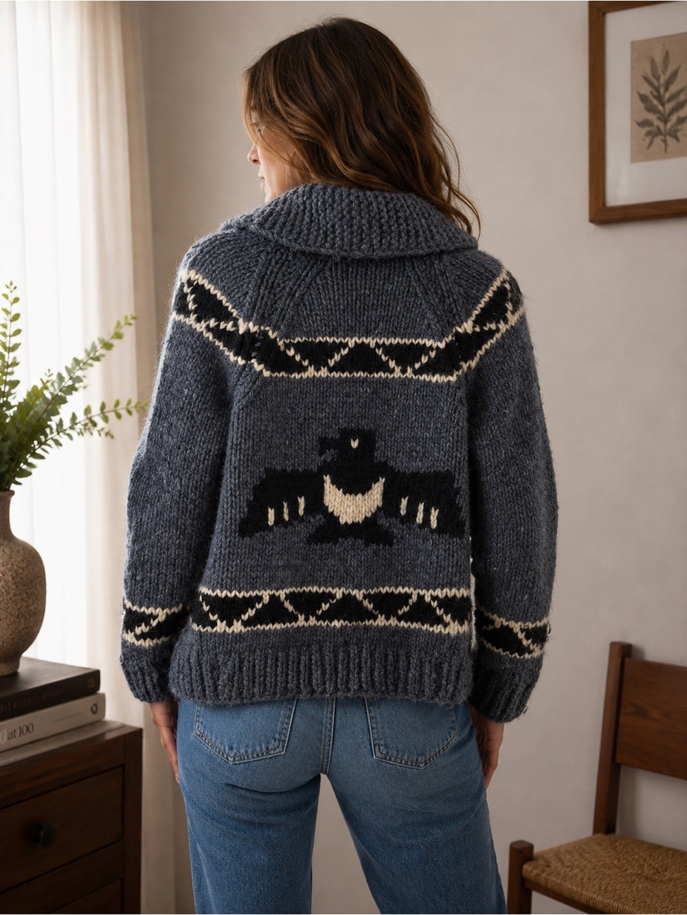 Vintage Handknit Cowichan style cardigan eagle loon Dusty Blue size S M